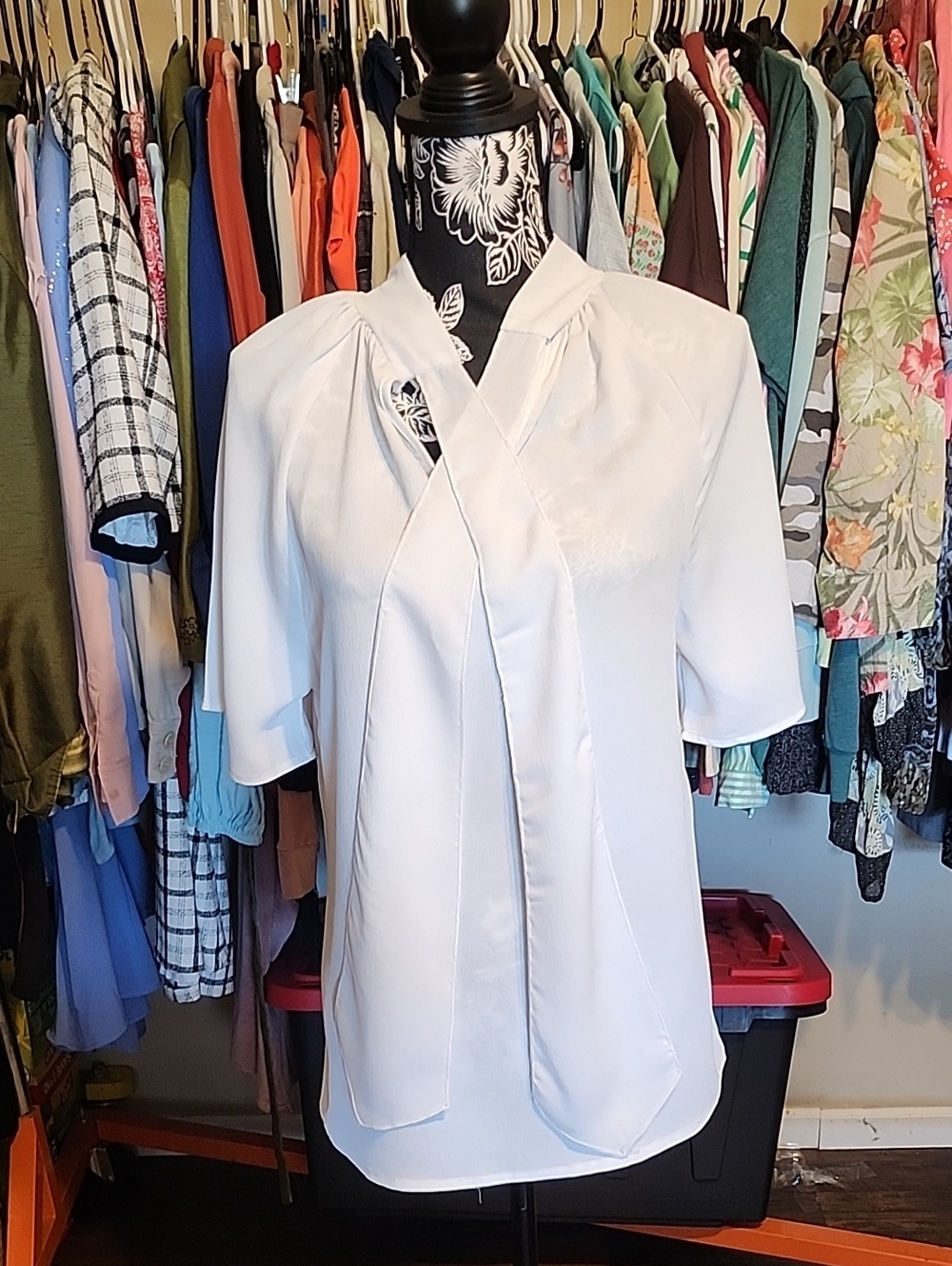 Women's White Tie-Neck Blouse with Short Sleeves
